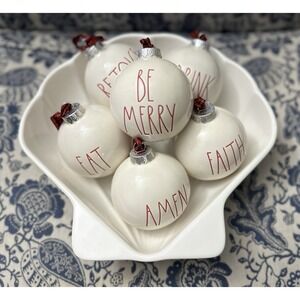 RAE DUNN Set of 6 Ceramic Christmas Ornaments Cream White Red Black Plaid 4 inch